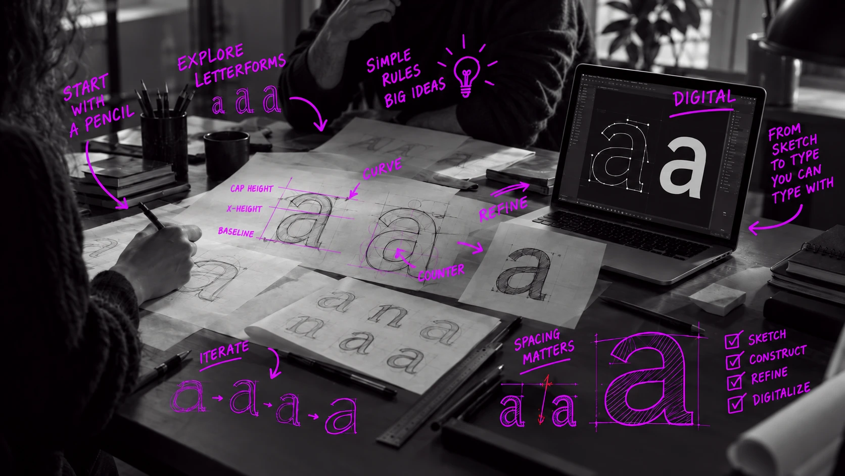 Type design worktable: pencil sketches of the letter a on grid paper, a laptop showing the a as digital outlines, with violet notes like Start with a pencil, Cap height, Counter, Iterate, Spacing matters and Sketch, construct, refine, digitalize